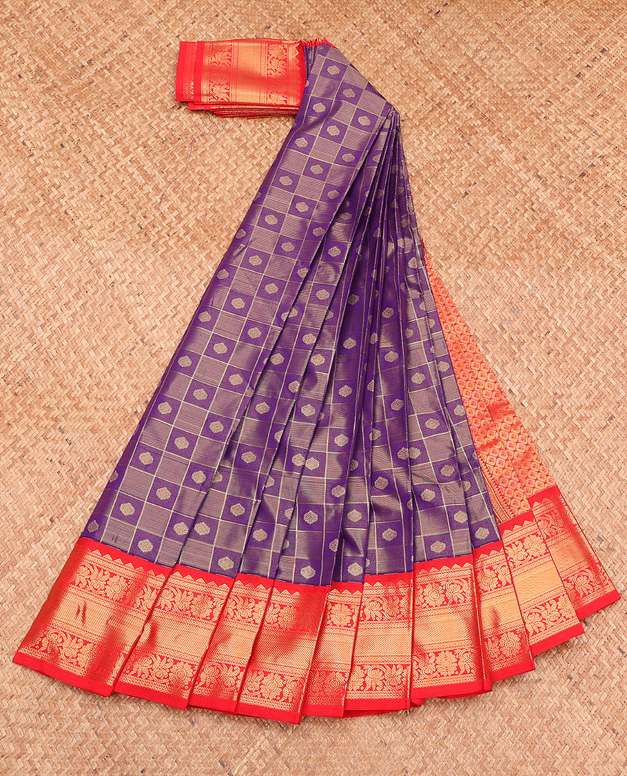 Violet Budget Silk Saree, Detailed with Zari Butta Enclosed Checks, Complemented by a Contrast Traditional Zari Border, Grand Pallu, and a Contrast Blouse