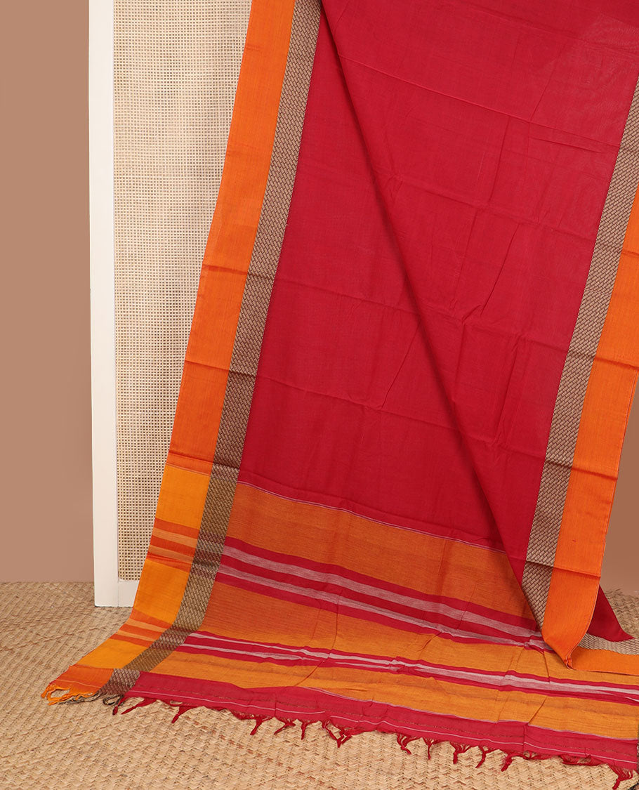 Red plain design Narayanpet cotton saree, contrast grid design border & striped pallu