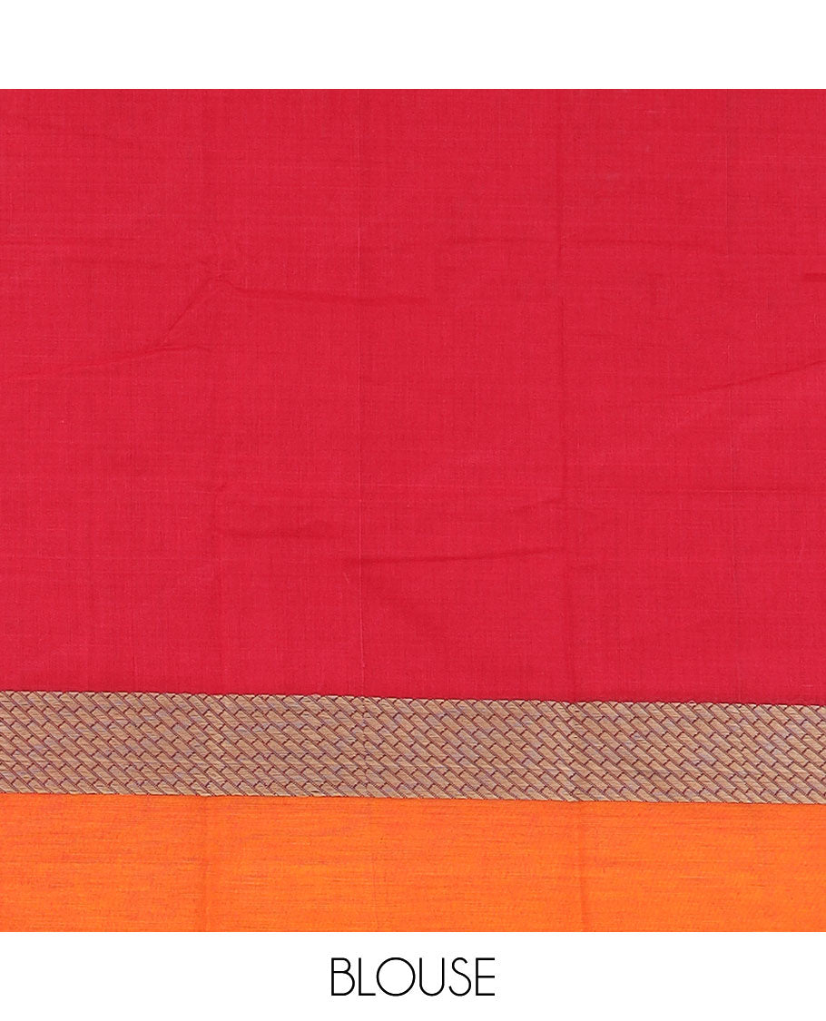 Red plain design Narayanpet cotton saree, contrast grid design border & striped pallu
