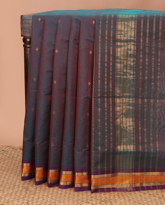 Peacock blue dual-tone zari buttas Venkatagiri cotton saree, traditional zari border, and zari striped pallu