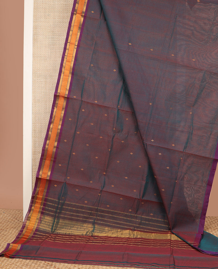 Peacock blue dual-tone zari buttas Venkatagiri cotton saree, traditional zari border, and zari striped pallu