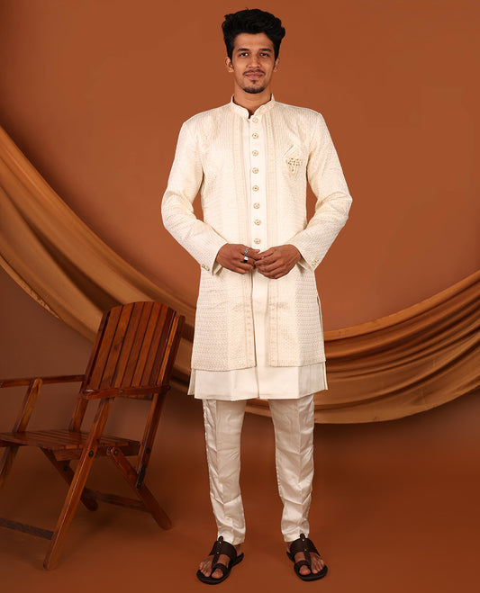 Cream Geometric-Themed Sequins Embroidered Full-Sleeved Men's Kurta Comes with Matching Pants