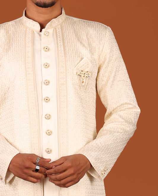 Cream Geometric-Themed Sequins Embroidered Full-Sleeved Men's Kurta Comes with Matching Pants