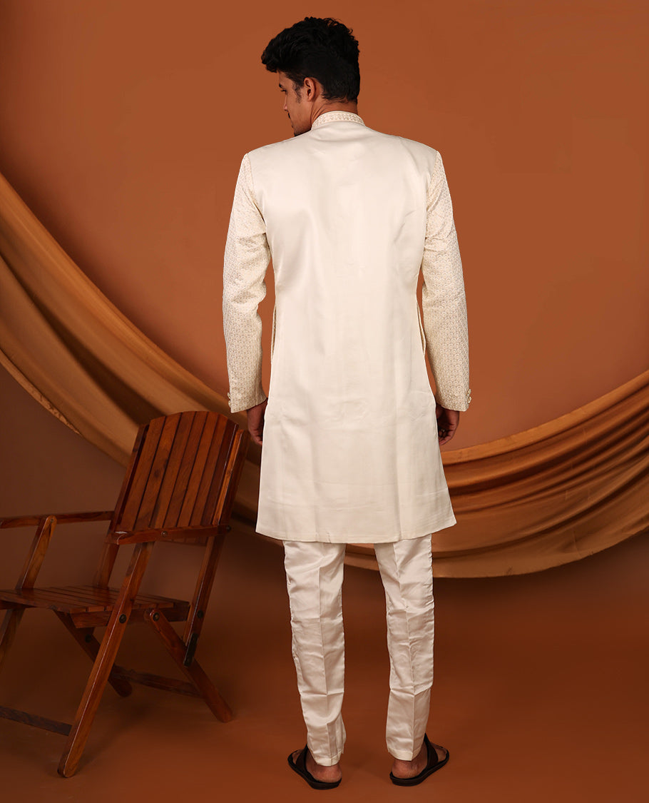 Cream Geometric-Themed Sequins Embroidered Full-Sleeved Men's Kurta Comes with Matching Pants