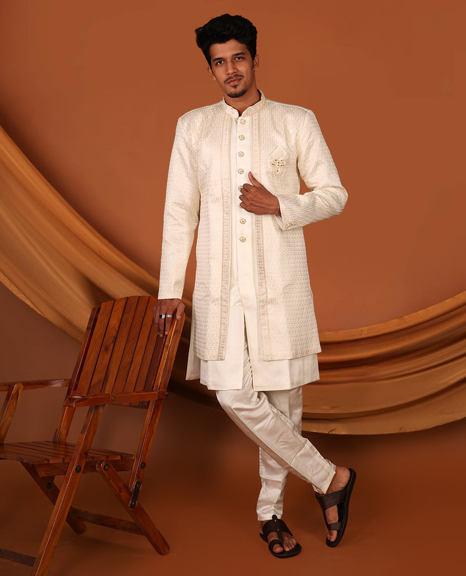 Cream Geometric-Themed Sequins Embroidered Full-Sleeved Men's Kurta Comes with Matching Pants