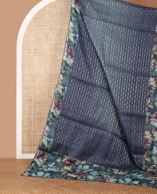 Blue zari dobby-style buttas semi-tusser saree, floral printed scallop border & pallu, blouse of zari & floral print