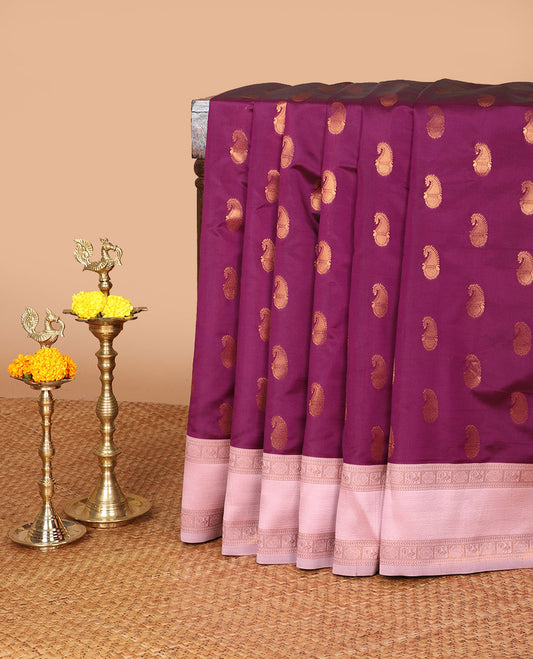 Purple with baby pink mango butta zari design litchi soft silk saree with contrast bentex traditional border & rich weaving pallu along with brocade blouse