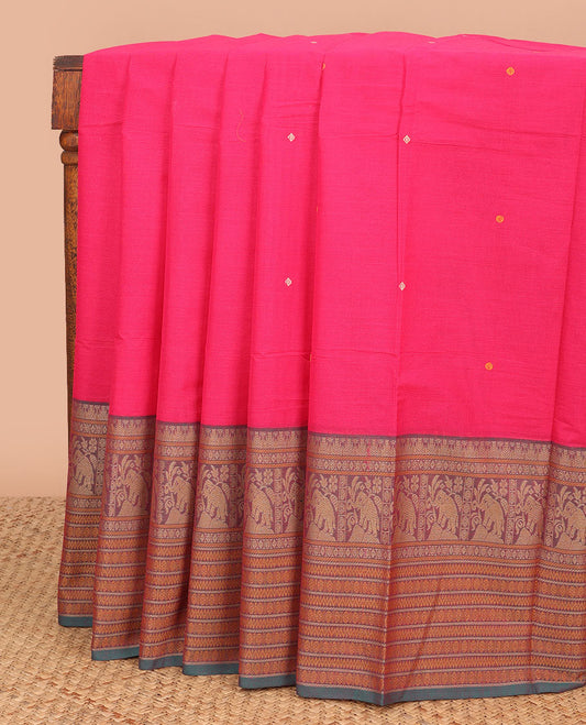 Pink motifs chettinad cotton saree with contrast zari design border & striped, motifs pallu