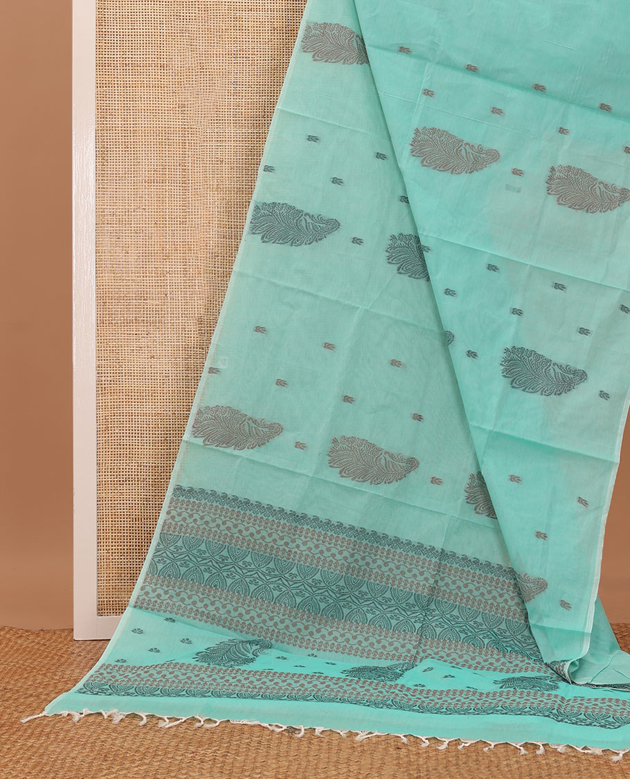 Borderless Turquoise blue unique motifs Coimbatore cotton saree,  geometric patterned pallu