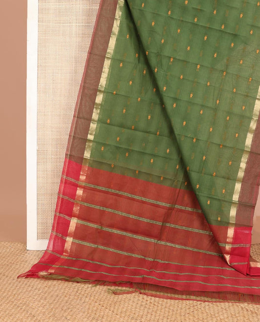 Green buttas Chirala cotton saree, contrast zari striped border & striped pallu