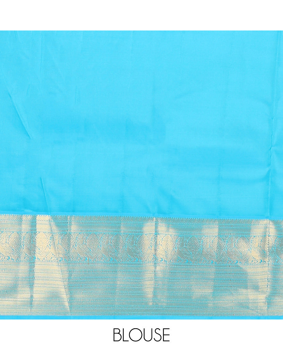 Blue zari buttas Vasundhara silk mix, traditional zari border of mayil, yaali, and muthu designs and paiyaadi kattam pallu