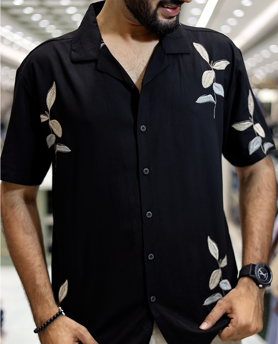 Black Leaf Embroidery Cotton-Blended Casual Shirt