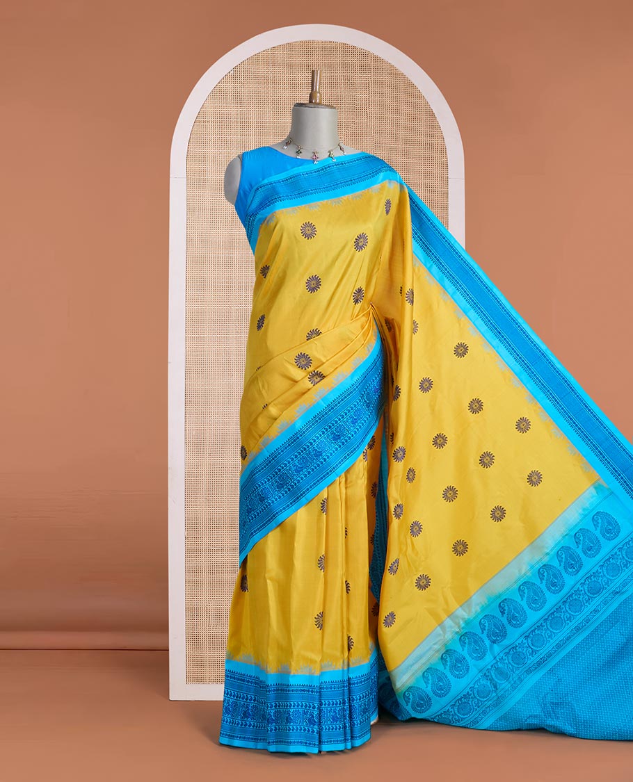 Yellow sunburst-style buttas gadwal silk saree, contrast traditional design border & pallu of jaal designs