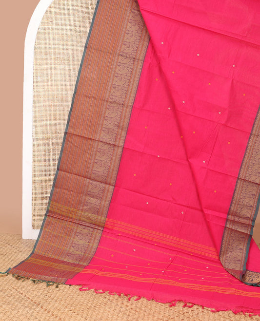 Pink motifs chettinad cotton saree with contrast zari design border & striped, motifs pallu