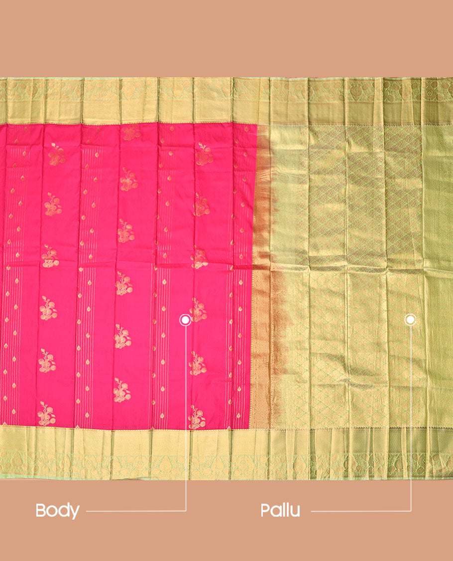 Pink Budget Silk Saree, Decorated with Zari Buttas and Stripes, Complemented by Contrast Traditional Zari Border, a Grand Pallu  and a Contrast Blouse