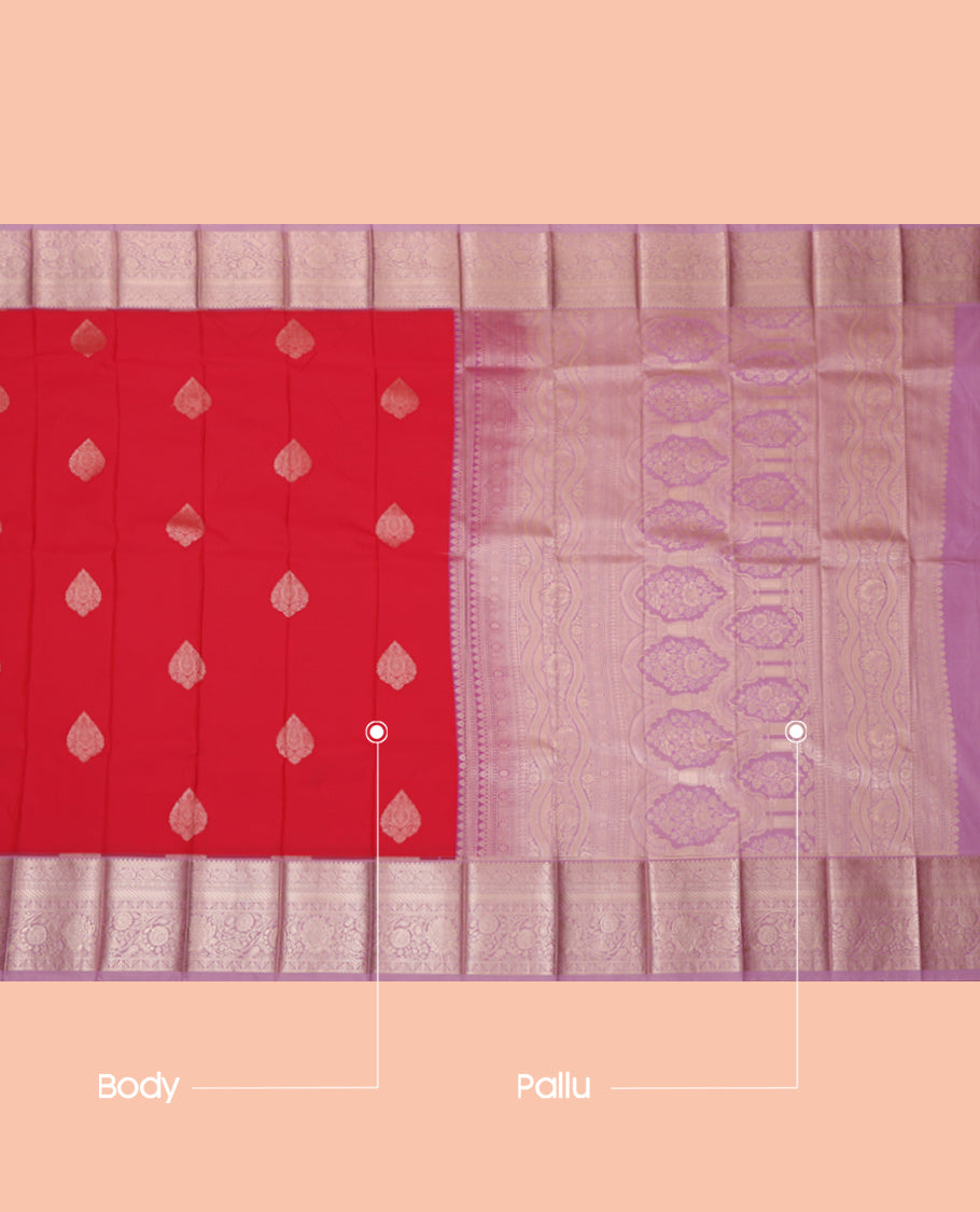 Red Budget Silk Saree, Woven with Zari Buttas, Complemented by a Contrast Traditional Zari Border, Grand Pallu, and a Contrast Blouse