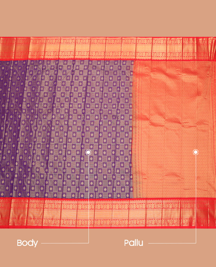 Violet Budget Silk Saree, Detailed with Zari Butta Enclosed Checks, Complemented by a Contrast Traditional Zari Border, Grand Pallu, and a Contrast Blouse