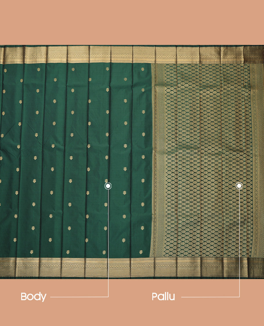 Green Budget Silk Saree Showcasing Zari Buttas, Highlighted by a Traditional Zari Border, Intricate Pallu, and a Matching Blouse