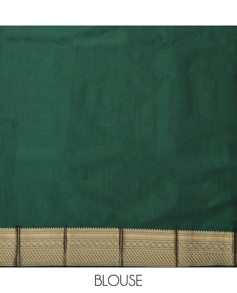 Green Budget Silk Saree Showcasing Zari Buttas, Highlighted by a Traditional Zari Border, Intricate Pallu, and a Matching Blouse