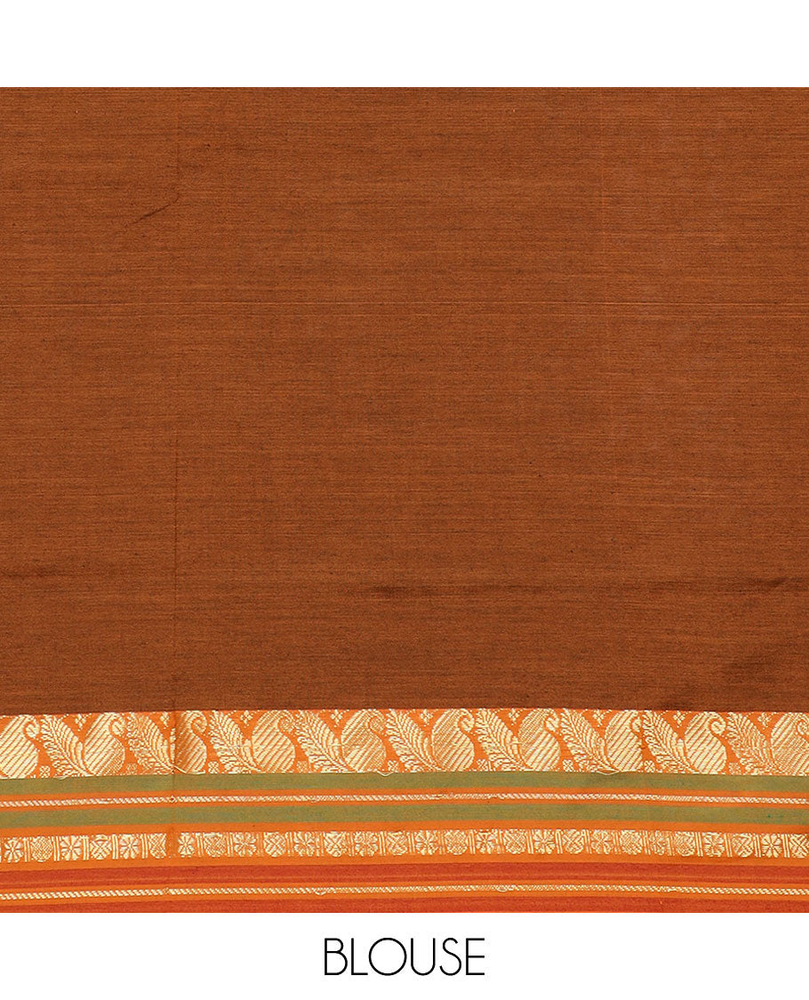 Blue plain design poly cotton saree, contrast traditional zari design border & pallu of stripes
