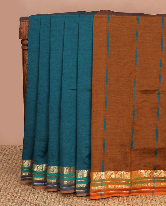 Blue plain design poly cotton saree, contrast traditional zari design border & pallu of stripes
