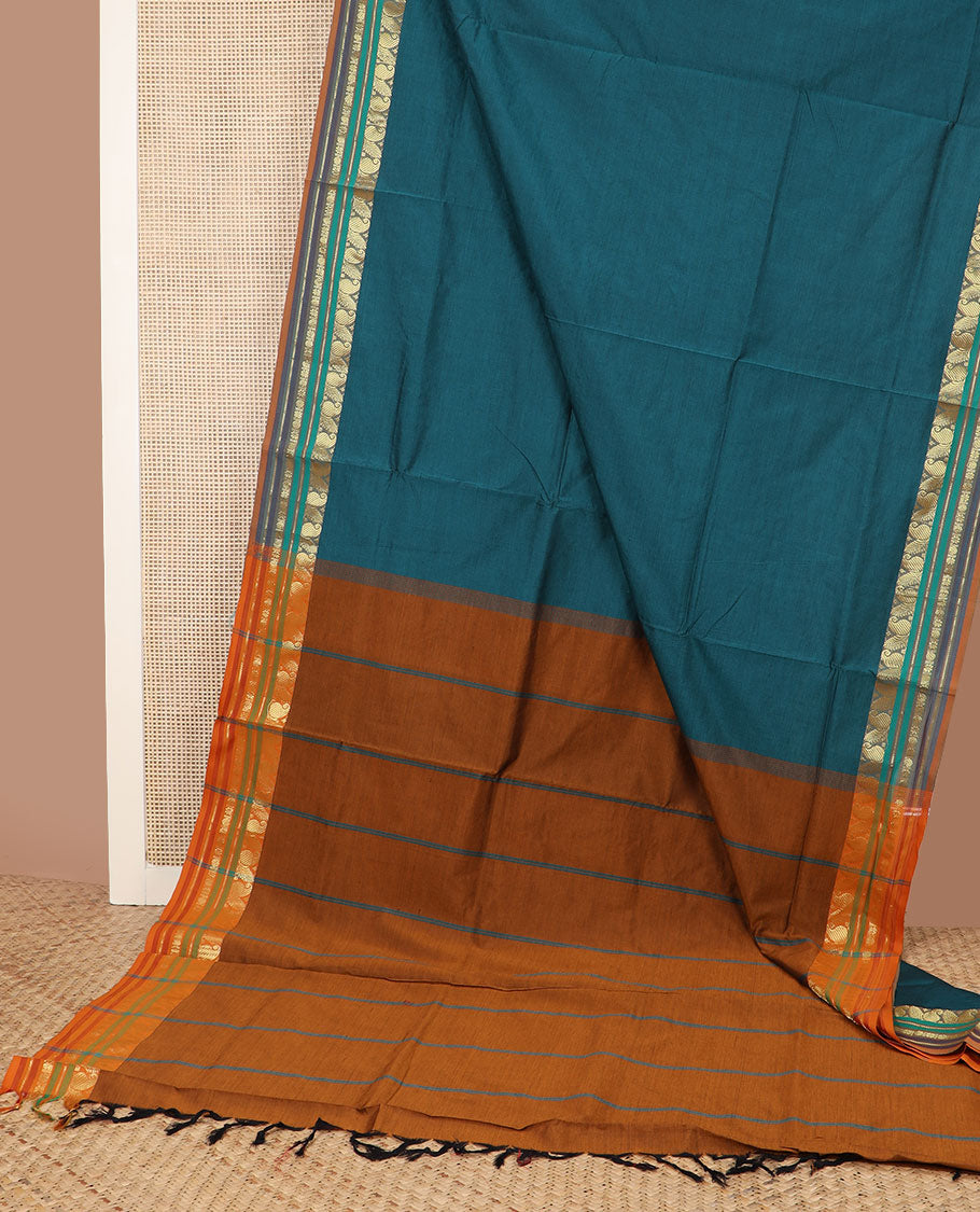 Blue plain design poly cotton saree, contrast traditional zari design border & pallu of stripes