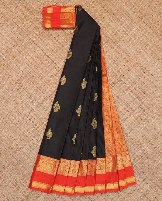 Black Budget Silk Saree, Decorated with Zari Buttas, Complemented by Contrast Traditional Rettai Pettu Border, a Jaal Pallu and a Contrast Blouse