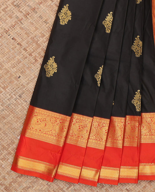 Black Budget Silk Saree, Decorated with Zari Buttas, Complemented by Contrast Traditional Rettai Pettu Border, a Jaal Pallu and a Contrast Blouse