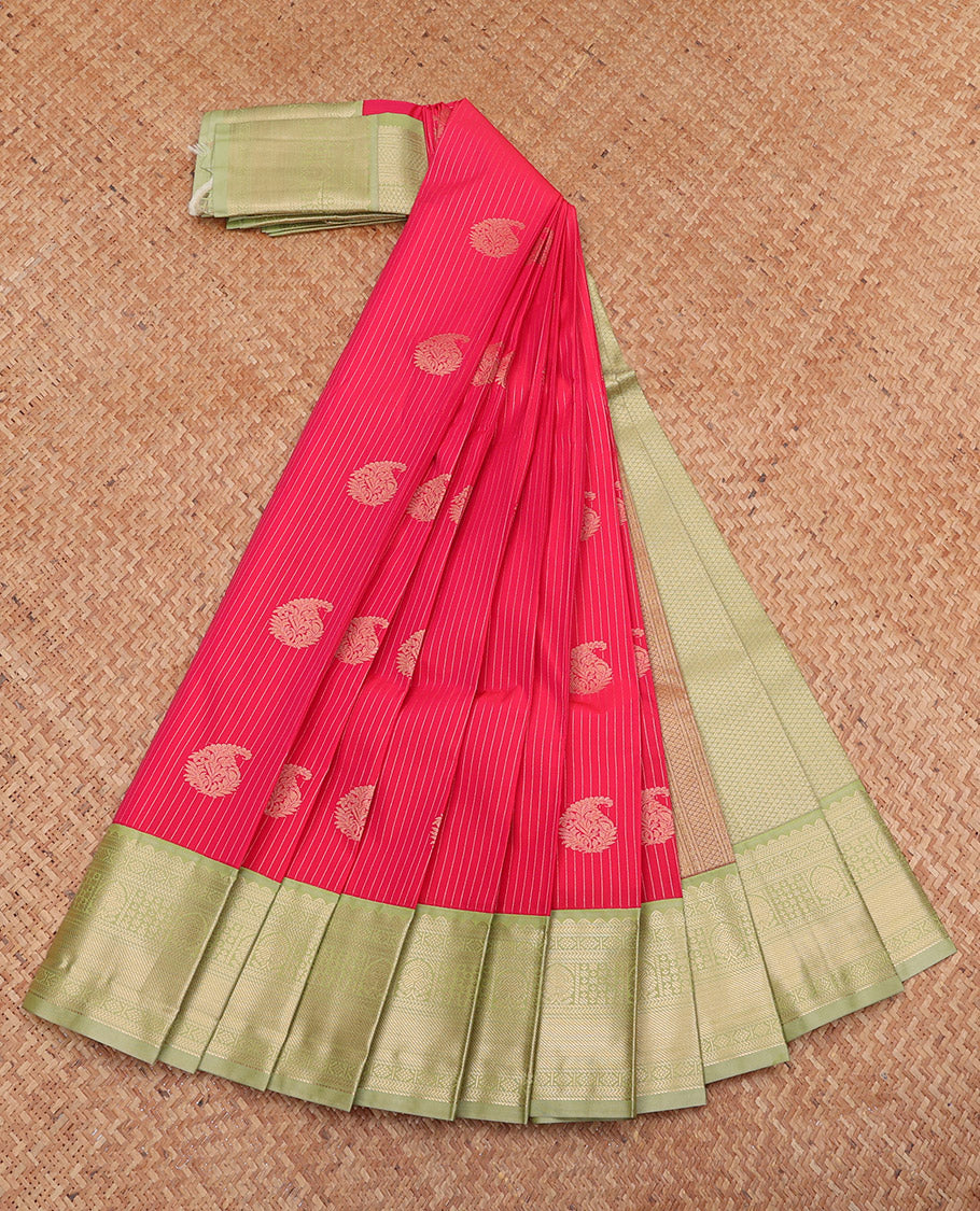 Pink Budget Silk Saree, Ornamented with Zari Buttas, Complemented by a Contrast Traditional Zari Border, Grand Pallu, and a Contrast Blouse