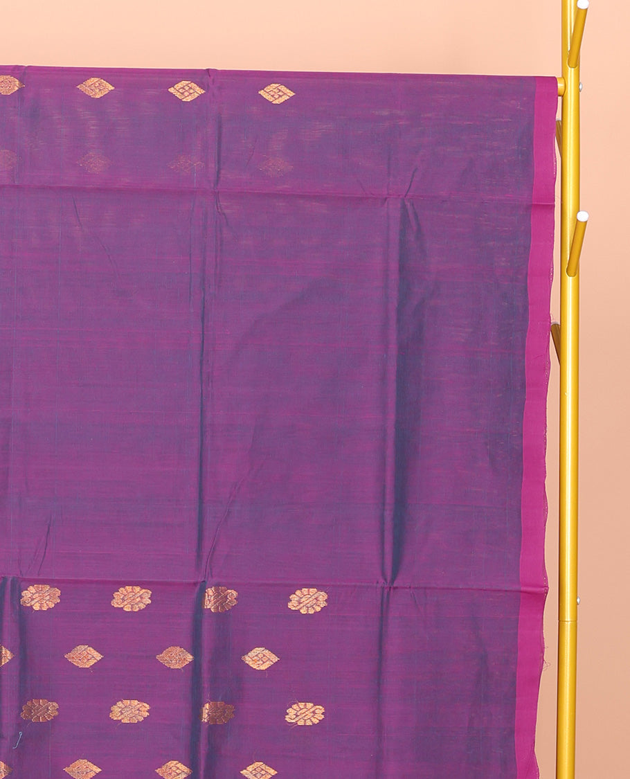 Violet Venkatagiri Cotton Saree Embellished with Buttas, a Contrast Zari-Thread Border, Pallu of Stripes, and No Blouse