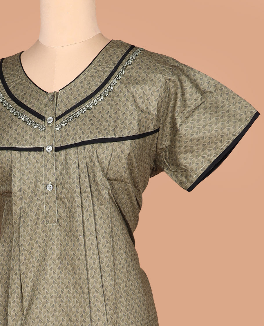 Beige triangle printed round necked lace work half-sleeve cotton nighty