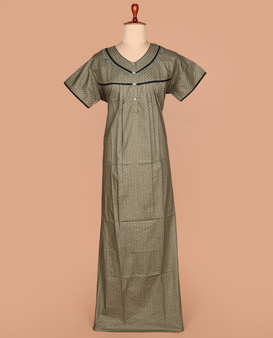 Beige triangle printed round necked lace work half-sleeve cotton nighty