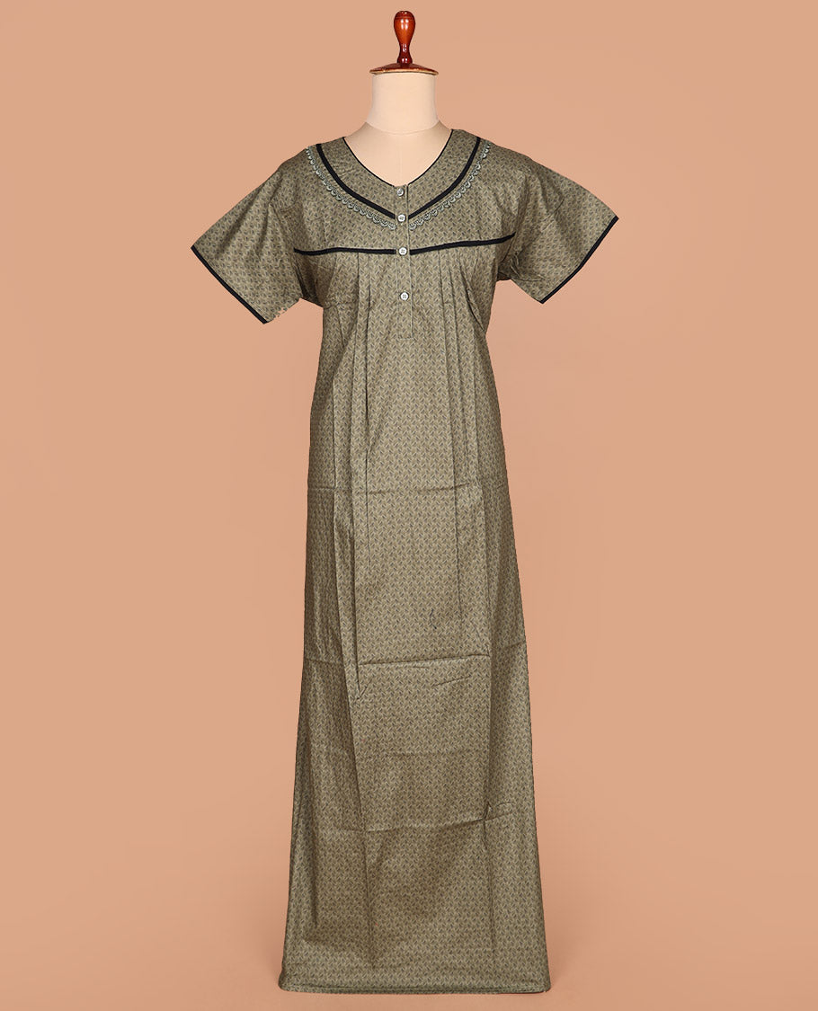 Beige triangle printed round necked lace work half-sleeve cotton nighty