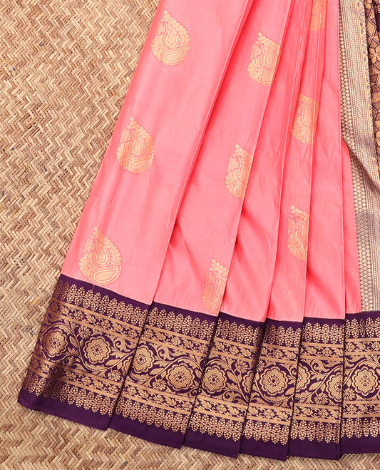 Pink Budget Silk Saree, Bedecked with Zari Buttas, Complemented by Contrast Traditional Zari Border, a Grand Pallu  and a Contrast Blouse