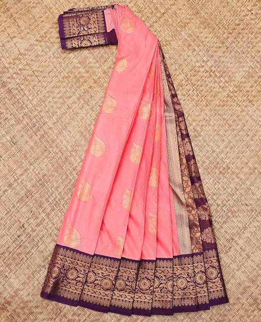 Pink Budget Silk Saree, Bedecked with Zari Buttas, Complemented by Contrast Traditional Zari Border, a Grand Pallu  and a Contrast Blouse