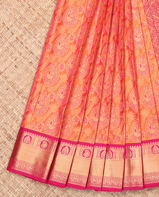 Orange Budget Silk Saree, Detailed with Jacquard Design, Complemented by a Contrast Traditional Zari Border, Jaal Pallu, and Contrast Blouse