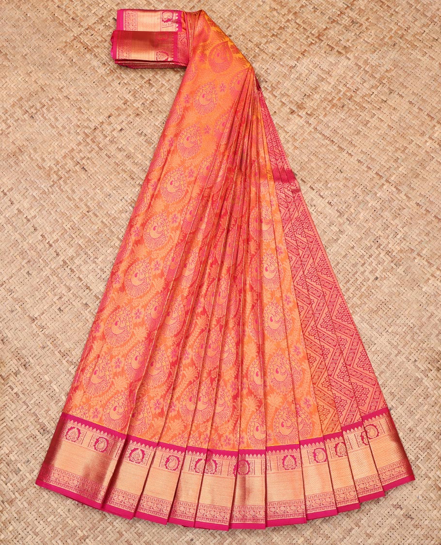 Orange Budget Silk Saree, Detailed with Jacquard Design, Complemented by a Contrast Traditional Zari Border, Jaal Pallu, and Contrast Blouse