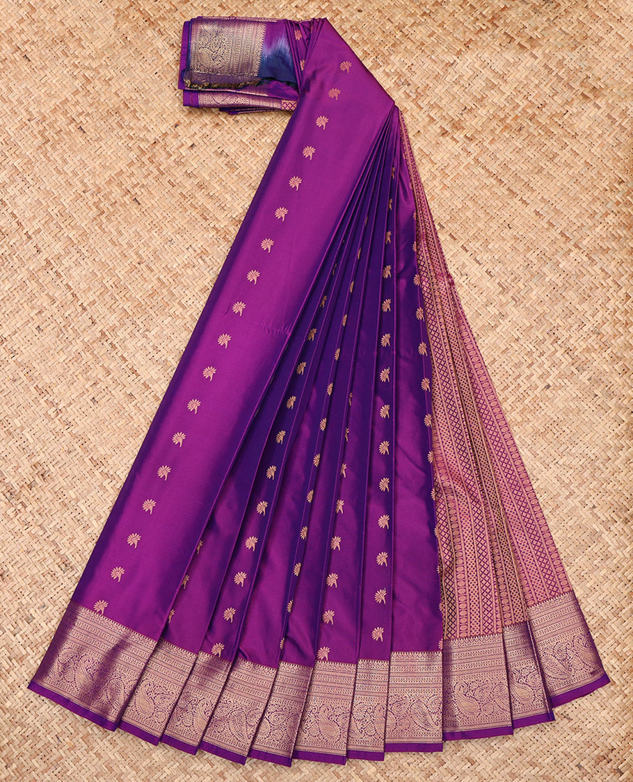 Purple Budget Silk Saree, Bedecked with Zari Buttas, Highlighted by a Traditional Zari Border, Intricate Pallu, and a Matching Blouse