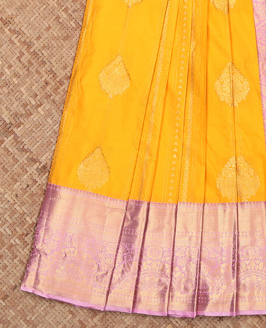 Yellow Budget Silk Saree, Crafted with Zari Designs, Complemented by a Contrast Traditional Border, Grand Pallu, and a Contrast Blouse
