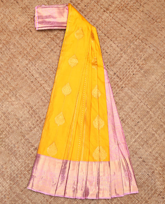 Yellow Budget Silk Saree, Crafted with Zari Designs, Complemented by a Contrast Traditional Border, Grand Pallu, and a Contrast Blouse