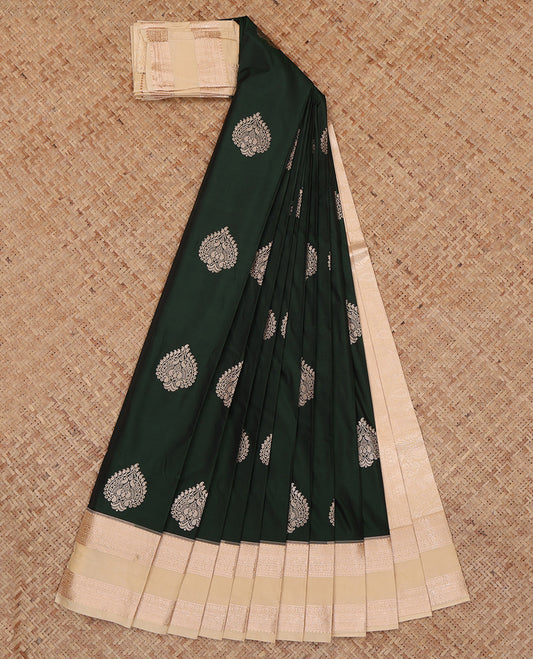 Green Budget Silk Saree, Ornamented with Zari Buttas, Complemented by a Contrast Traditional Zari Rettai Pettu Border, Grand Pallu, and a Contrast Blouse