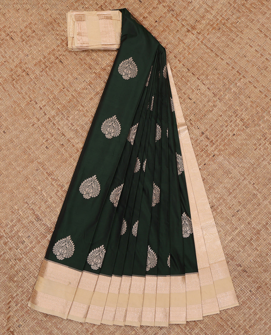 Green Budget Silk Saree, Ornamented with Zari Buttas, Complemented by a Contrast Traditional Zari Rettai Pettu Border, Grand Pallu, and a Contrast Blouse