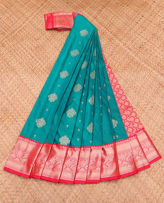 Green Budget Silk Saree, Adorned with Zari Buttas, Complemented by a Contrast Traditional Zari Border, Grand Pallu, and a Contrast Blouse