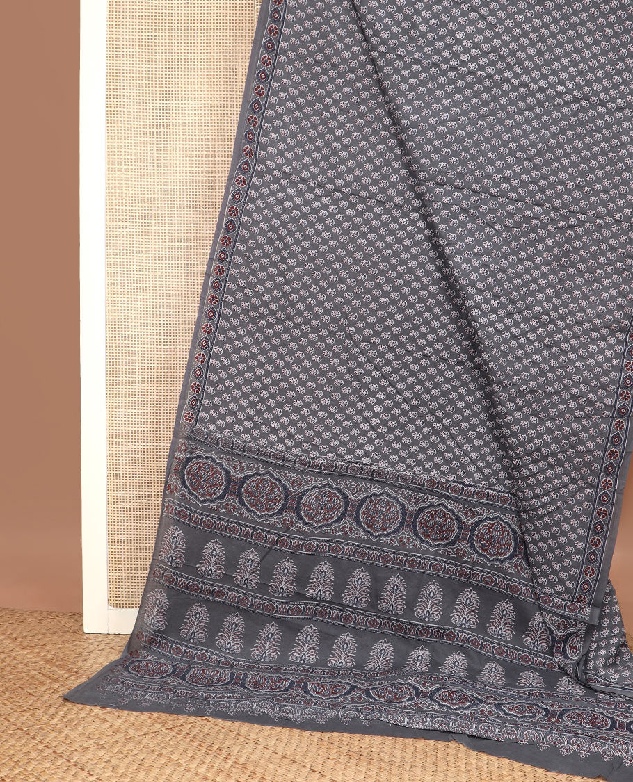 Grey floral motifs printed mul mul cotton saree, ajrakh printed border & ajrakh printed pallu