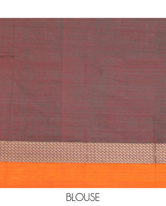 Maroon dual-tone buttas Narayanpet cotton saree, contrast peacock design border & striped pallu