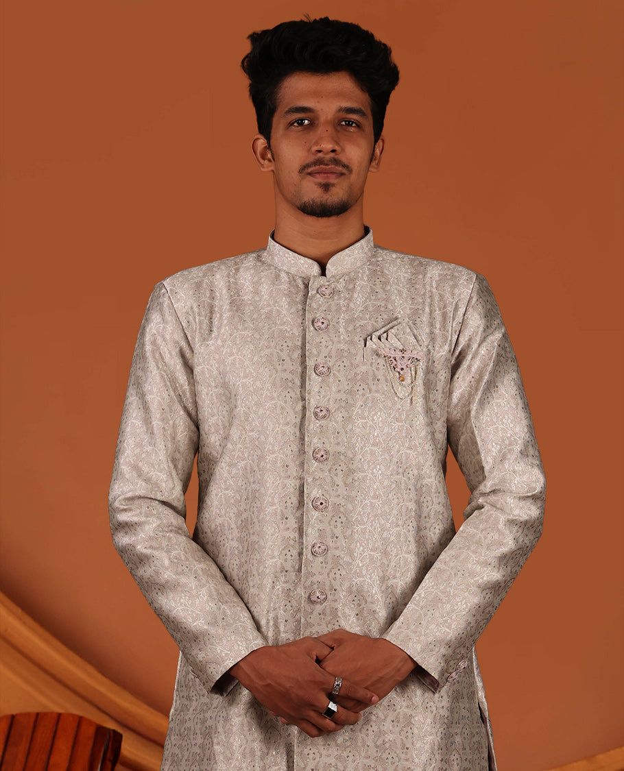 Grey Floral Embossed Full-Sleeved Men's Kurta