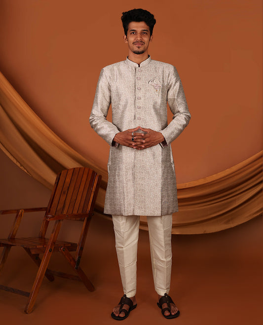 Grey Floral Embossed Full-Sleeved Men's Kurta