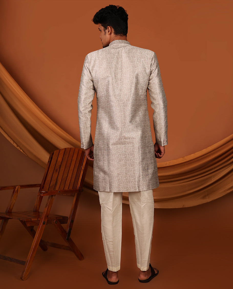 Grey Floral Embossed Full-Sleeved Men's Kurta
