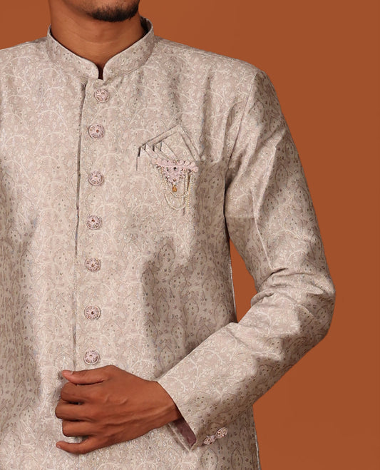 Grey Floral Embossed Full-Sleeved Men's Kurta