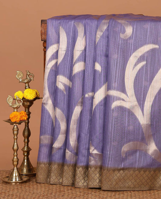 Violet zari jaal-patterned Burberry silk saree, contrast diamond-patterned zari border, jaal pallu & zari design blouse